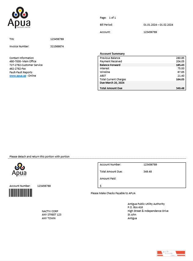ANTIGUA AND BARBUDA APUA business utility bill Word and PDF template PSD template